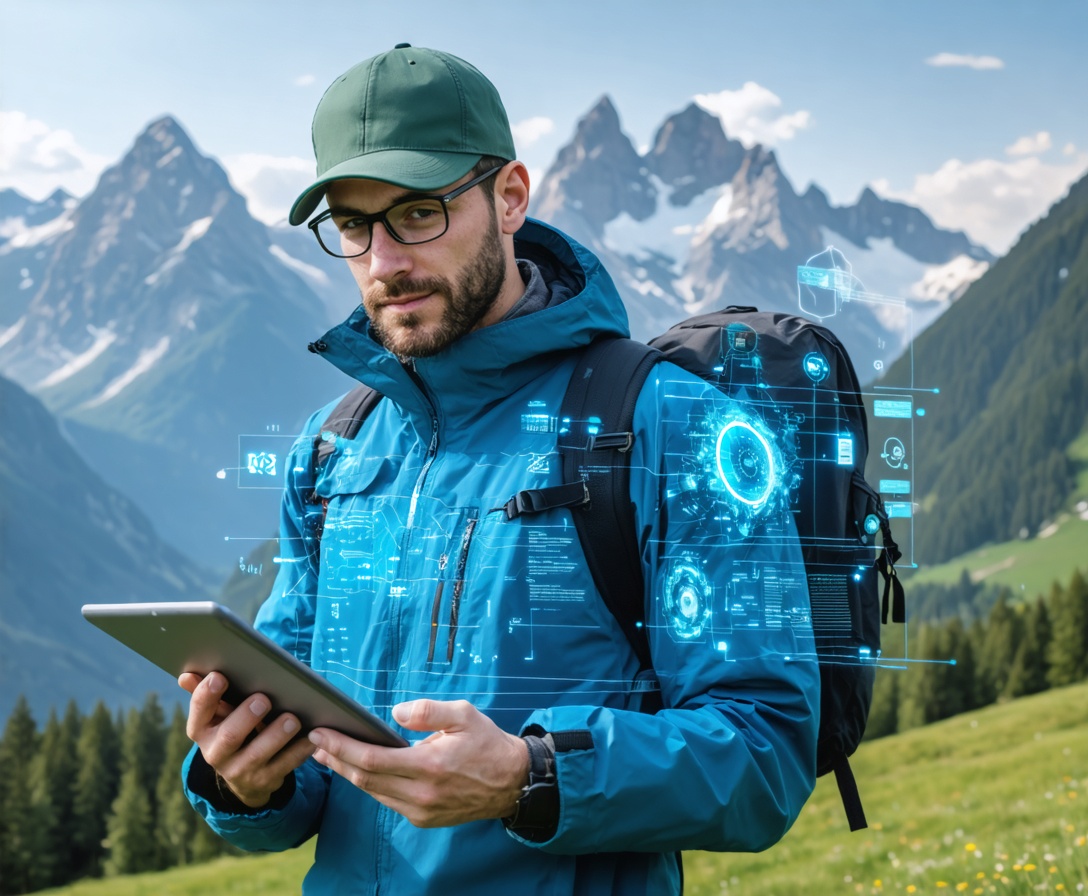 Experte in den bayerischen Alpen mit digitalem Tablet