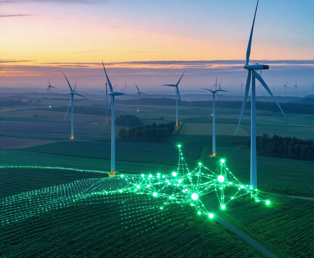 Moderner Windpark in Deutschland bei Sonnenaufgang