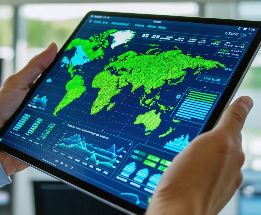 Tablet mit Datenvisualisierungen für Green Tech